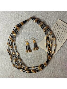 Vintage Boston Museum of Fine Arts Repro Meroe Black Glass Bead and 14K Gold Set